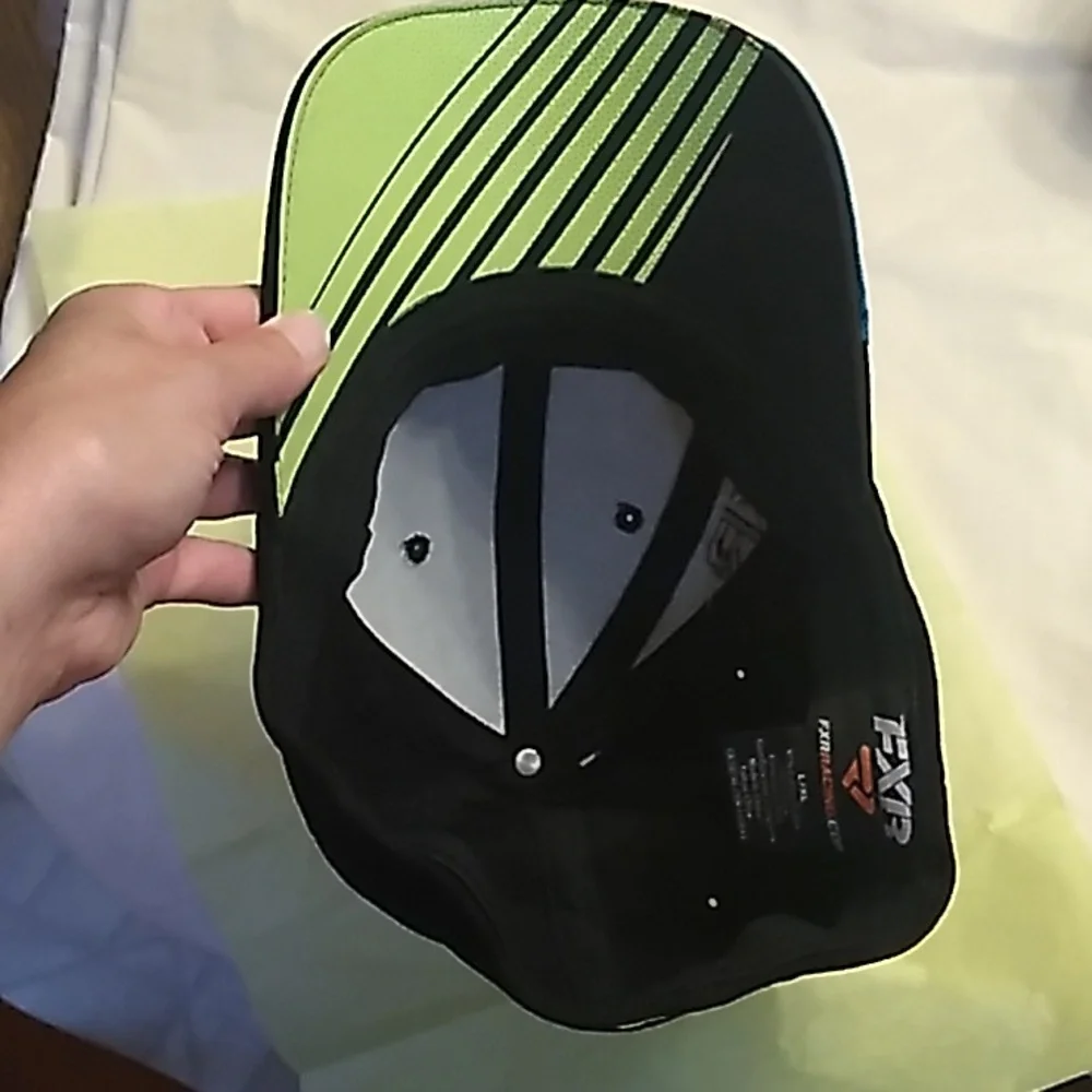 KIDS FXR. Black, bright lime green, teal L/XL baseball hat (not adjustable)
